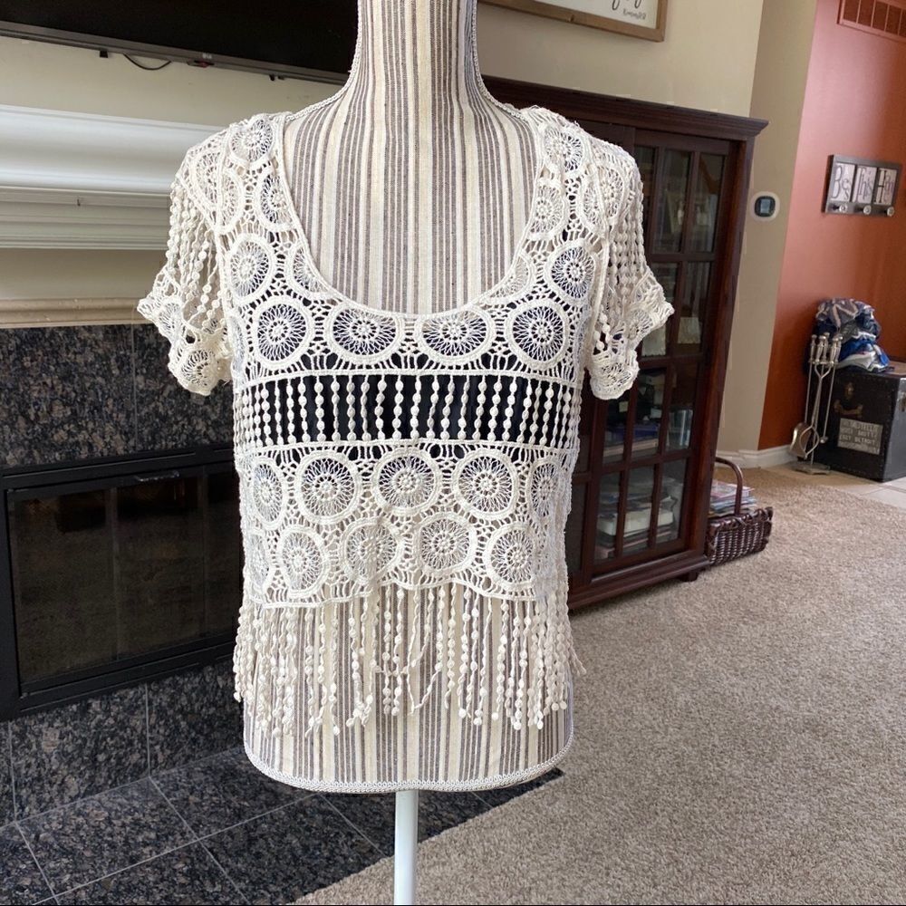 Crocheted Cream Fringed Bottom Top Medium